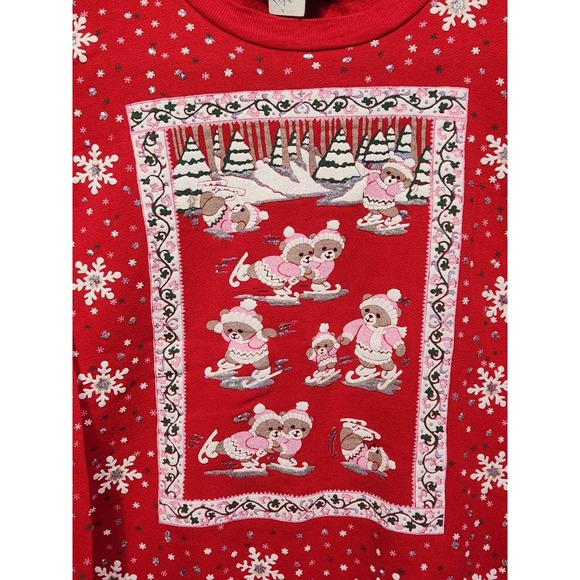 Vintage 80's Red Christmas Holiday Sweatshirt Skating Bears Winter Puff Paint LG - Picture 2 of 8
